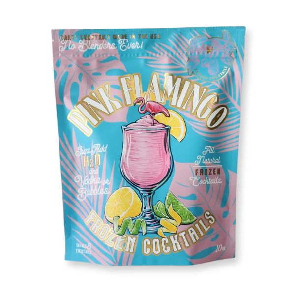 Colorful blue and pink pouch of Noble Mick's Frozen Cocktails, Pink Flamingo, featuring a flamingo and citrus design, perfect for entertaining and gift decor from Knotty and Board.