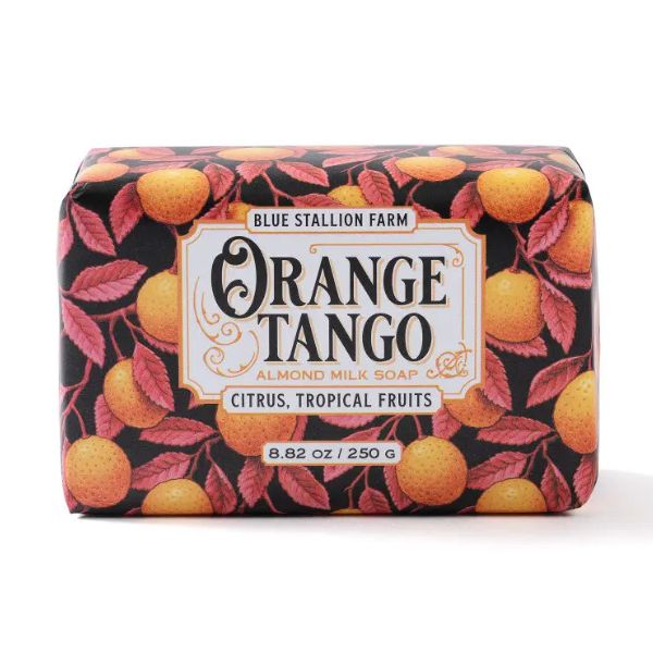 Blue Stallion Bar Soap. Orange Tango with vibrant orange fruit and leaf design, featuring citrus and tropical fruit scents, perfect for unique kitchen or bath decor gifts.