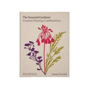 The cover of the book Seasonal Gardener: Creative Planting Combinations features botanical illustrations of colorful flowers and green foliage on a beige background, conveying a fresh and artistic gardening theme.