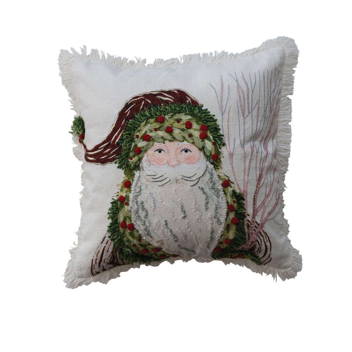 Santa Printed Cotton Pillow w/ Embroidery & Fringe, 18 in.