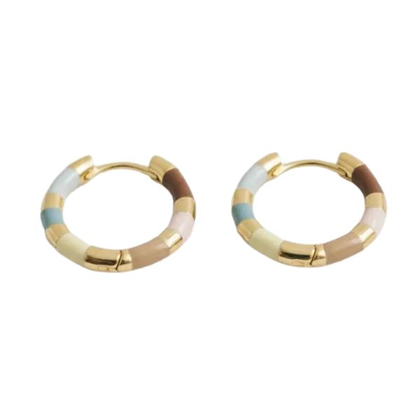 Pair of French Enamel Geometric Hoop Earrings featuring gold accents and colorful enamel segments in soft earth tones, perfect gifts from Knotty and Board for stylish decor lovers.