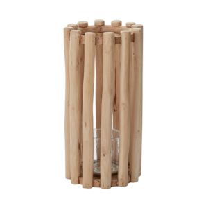Selva Lantern, 8 in. x 15.5 in. features a natural wooden frame with vertical slats surrounding a glass candle holder, perfect for adding warm decor to any room.