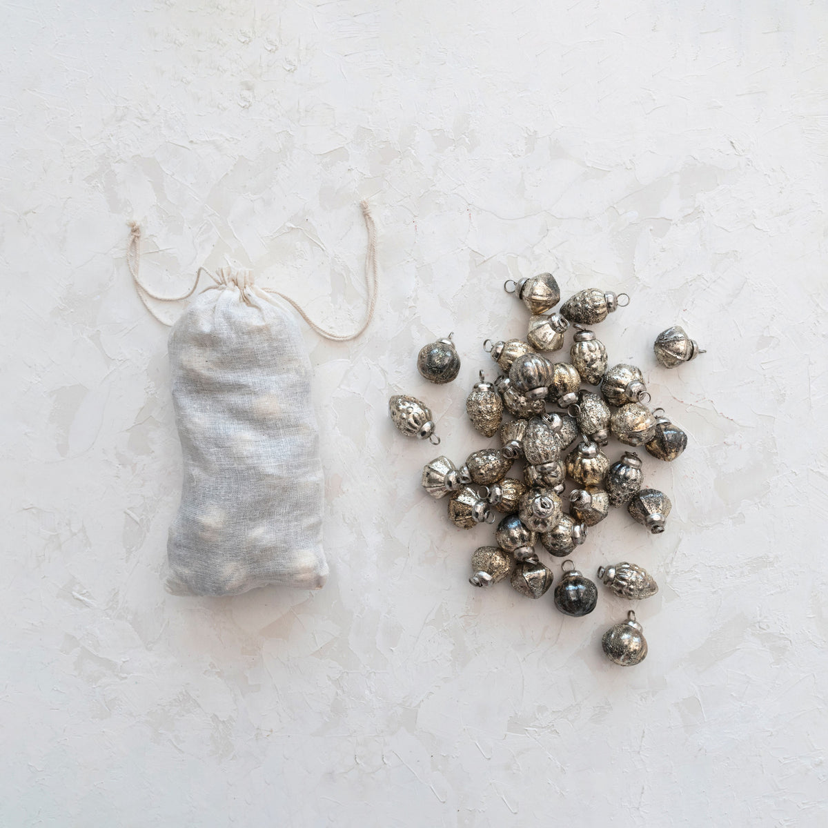Embossed Mercury Glass Ornaments, silver, in Muslin Bag, 1 in.