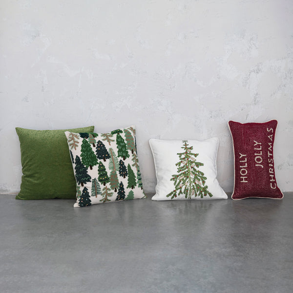 Square Embroidered Pillow with Trees & French Knots, 20"