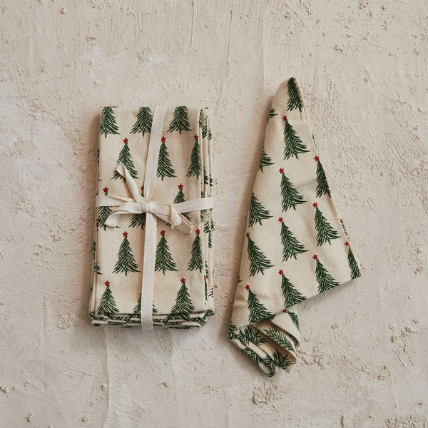 Stonewashed Napkins with Christmas Tree Pattern, Set of 4, 18"