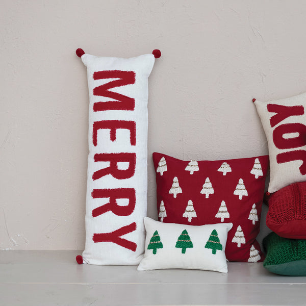 Cotton Slub Lumbar Pillow w/ Embroidered Christmas Trees, 14"x 9"