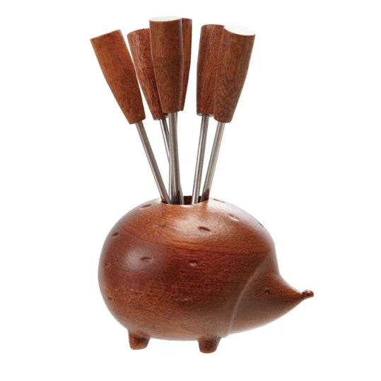Wood Hedgehog Shaped Holder with (6) Appetizer Picks