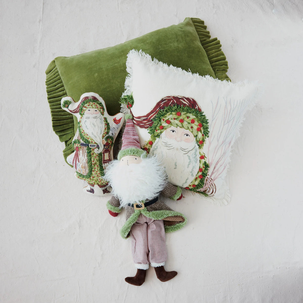 Santa Printed Cotton Pillow w/ Embroidery & Fringe, 18 in.