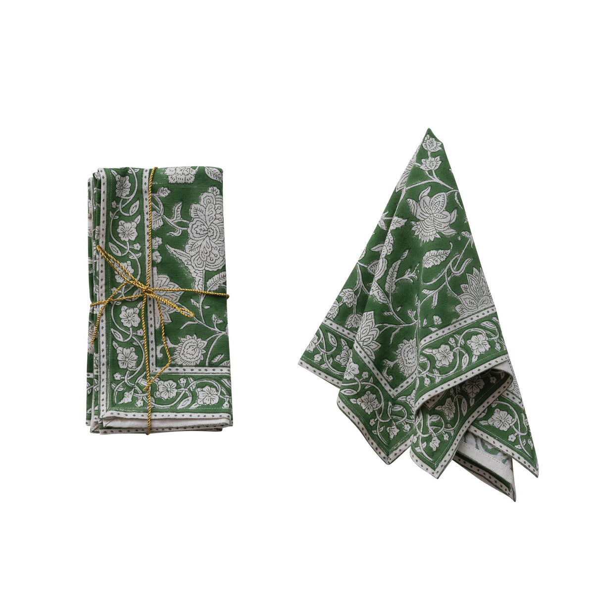 Cotton Block Print Floral Napkins, Green & White, Set of 4, 18 in.