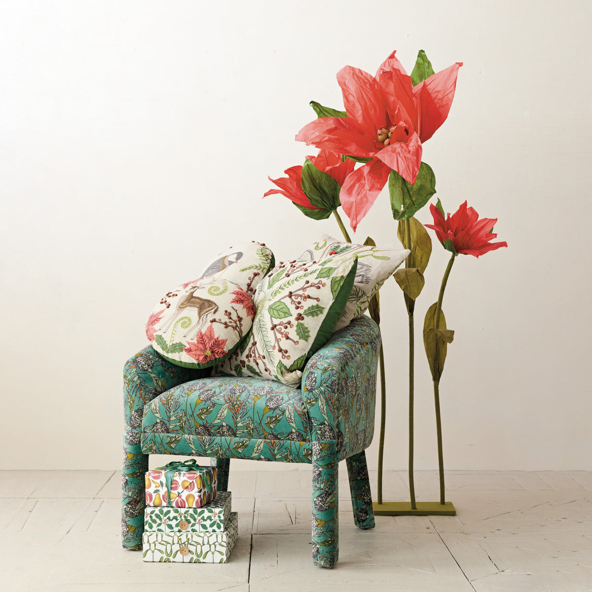 Round Linen Pillow w/ Bird & Botanical Embroidery, 16 in.