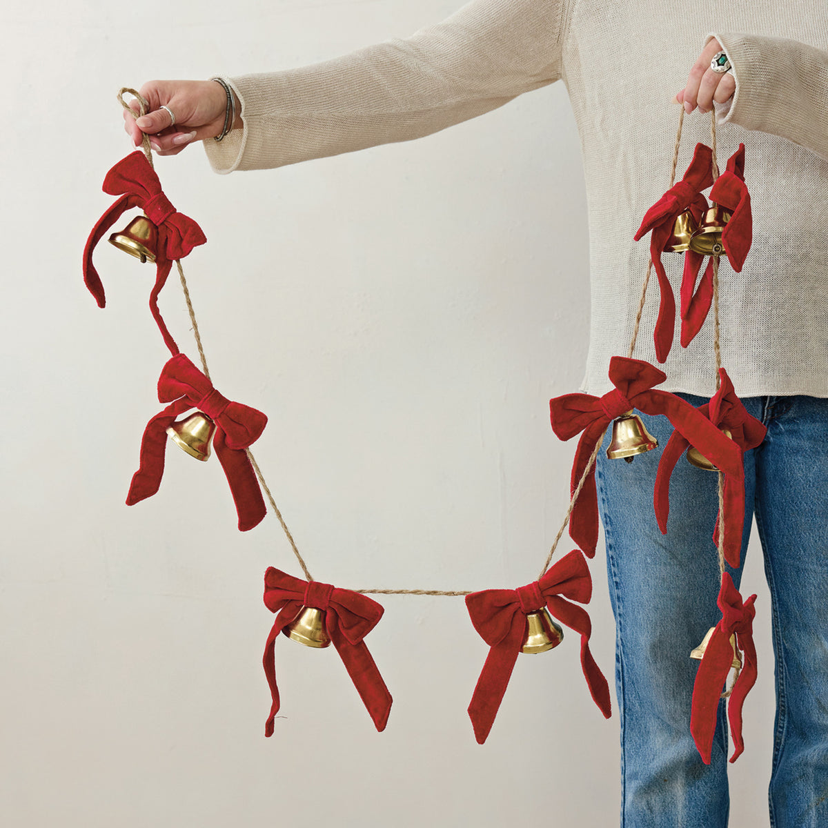 Metal Bell Garland w/ Red Velvet Bows, 72
