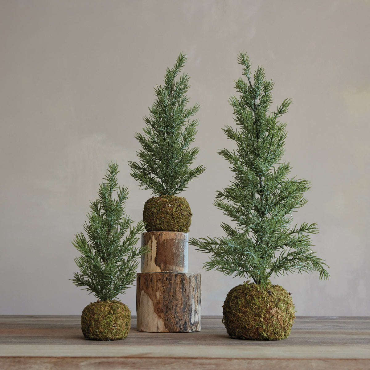 Faux Fir Tree with Moss Ball Base, Frosted, 15.75 in.