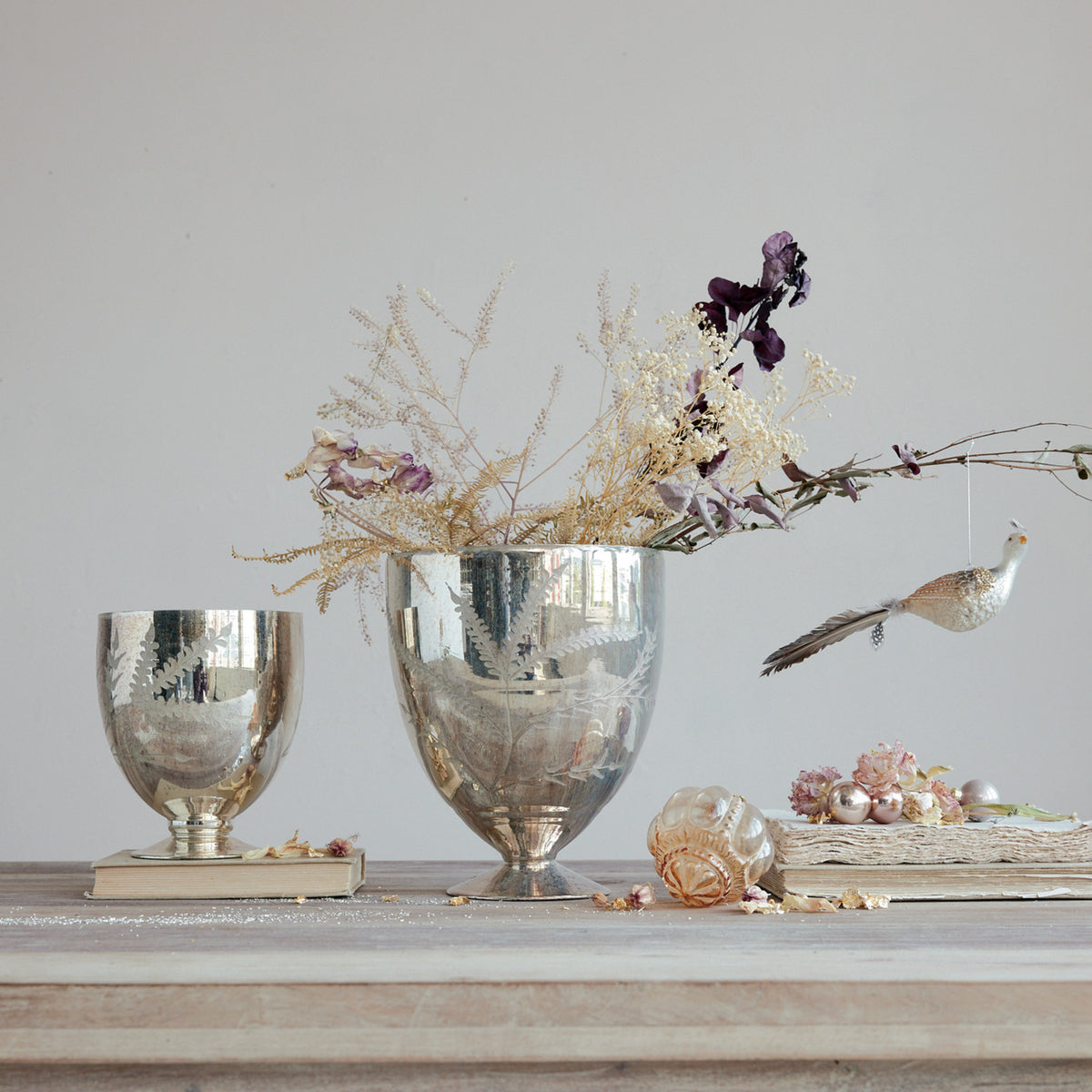 Etched Mercury Glass Footed Vase, Antique Silver, 9 X 10.5 in.