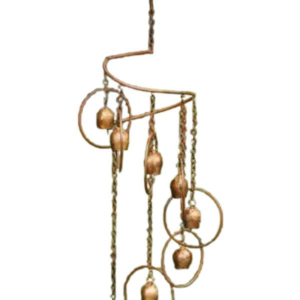 Flamed Circle Spiral Mobile with Bells featuring rustic metal spiral design with hanging bells and circle accents, perfect for unique decor and gifts from Knotty and Board.