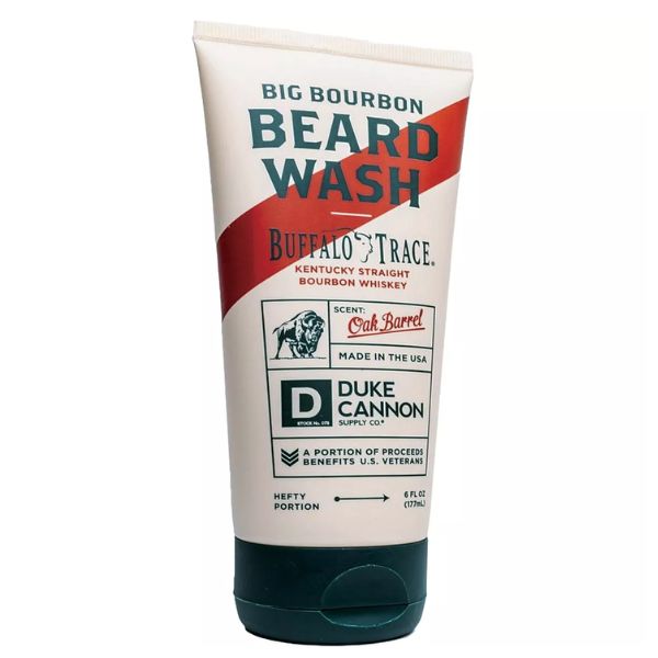 Duke Cannon Beard Wash, 6 oz., Big Bourbon in a white tube with red and black accents featuring Buffalo Trace branding, perfect for grooming gifts and decor at Knotty and Board.