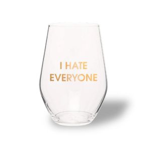 Clear stemless wine glass with gold foil lettering that reads "I Hate Everyone," a humorous decor and gift item from Knotty and Board suitable for kitchen, dining, and entertaining.