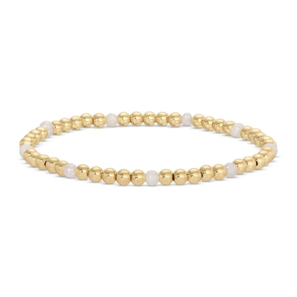 A delicate Stretch Bead & Pearl Bracelet, 4mm, Gold, Priced individually, featuring polished gold beads with white pearls, perfect as a stylish gift from Knotty and Board.