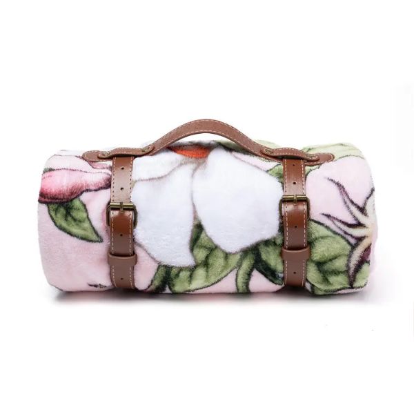 Flannel Fleece Throw Blanket in Leather Holder, Jasmine Joy with soft floral pattern and brown leather straps, a stylish and cozy decor item from Knotty and Board for any room or gift.