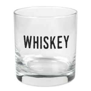 Clear Whiskey Stylized Rocks Glass, 11 oz. featuring bold black "WHISKEY" text, perfect for entertaining and gifting, from Knotty and Board's curated home decor collection.