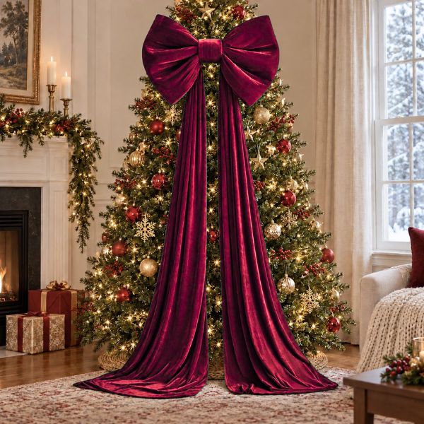 Velvet Christmas Bow Tree Topper with Long Tails, Oversized, Red