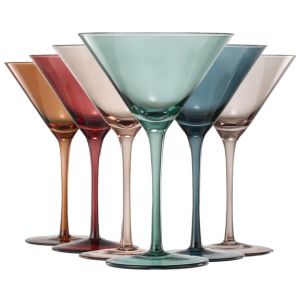 Khen Martini Glasses, 10 oz., Set of 6, Muted Rainbow featuring six colorful glass martini glasses perfect for entertaining and adding stylish decor to your kitchen or dining area.