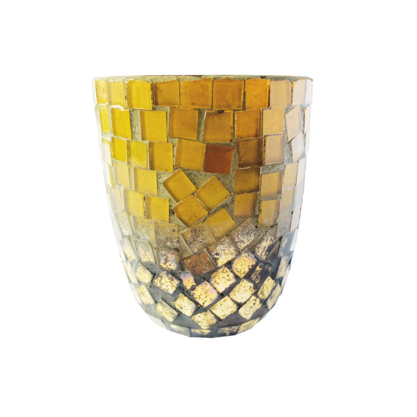 Glass Mosaic Votive Holder, 4"H, featuring yellow and gold square glass tiles in a mosaic pattern, perfect for adding warm, stylish candle decor to dining or kitchen spaces from Knotty and Board.